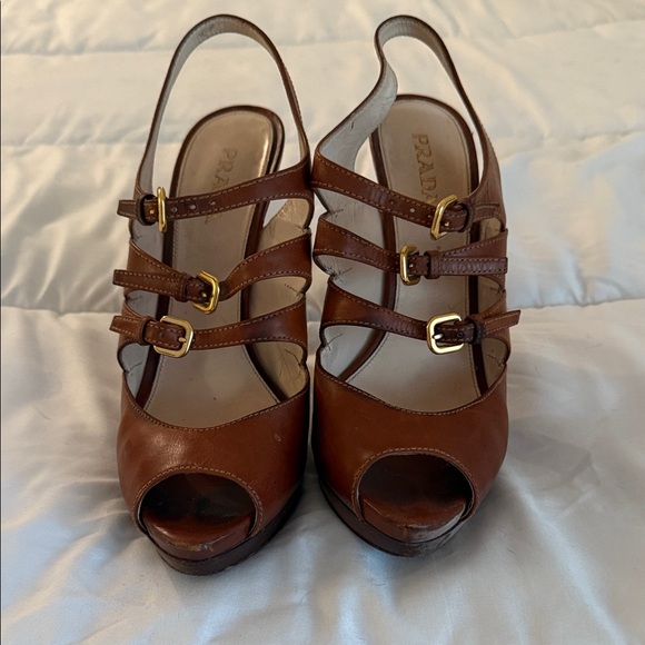 Prada Women's Tan Leather Peep-Toe Heels - Picture 1 of 7